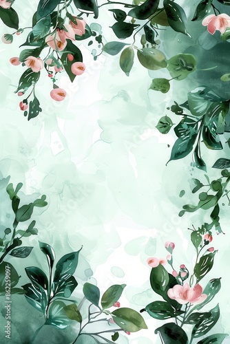 background for wedding invitation with aquarels painted green and flowery border photo