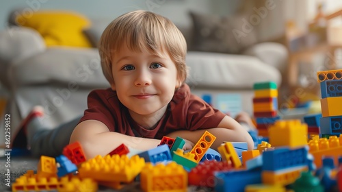 A young boy happily constructs a tower with colorful blocks in his playroom. 