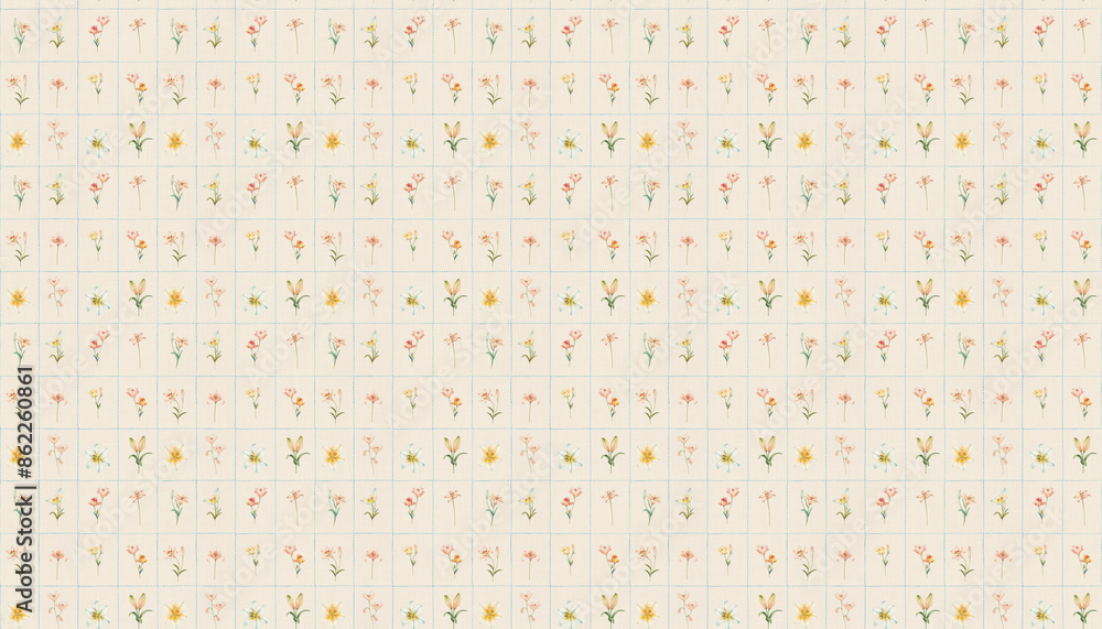 A pattern that features small flowers in grids in pastel colors on cream linen fabric, each grid contains one lily from various varieties, the grid is blue dotted lines A pattern that features small flowers in grids in pastel colors on cream linen fabric, each grid contains one lily from various varieties, the grid is blue dotted lines