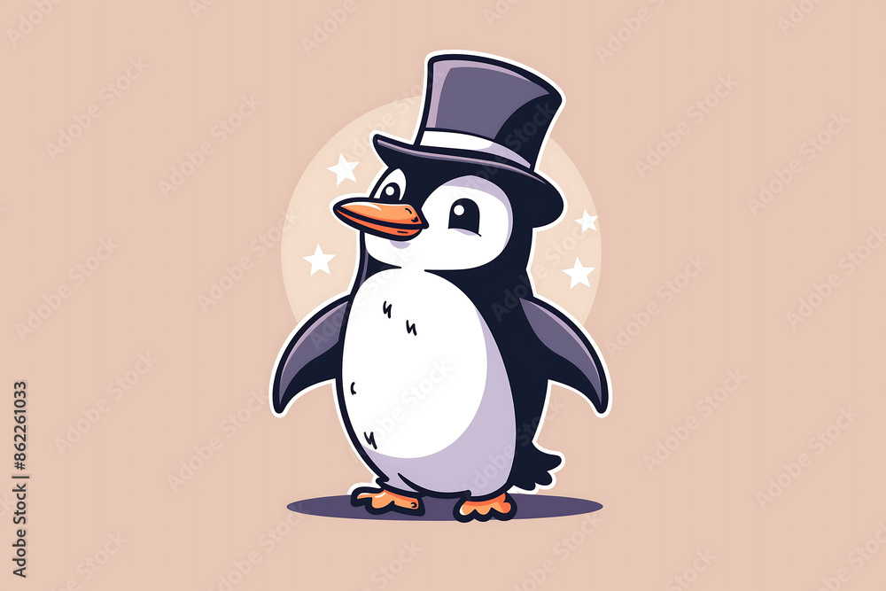 Obraz premium Minimalist cartoon illustration of a playful penguin with a top hat, set against a soft background with free space around it.