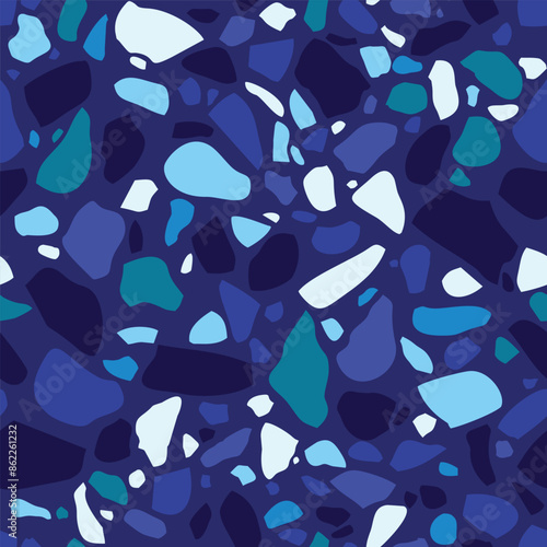 Vector abstract seamless pattern. Terrazzo floor tile imitation, stone texture. Ultramarine color mosaic of marble chips. Trendy design for wrapping, backgrounds, wallpaper