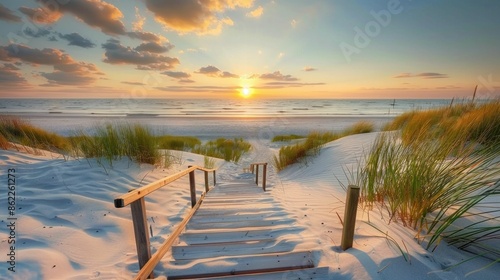 Fototapeta Naklejka Na Ścianę i Meble -  Stunning sunset stairway to the sand dunes at beach in gdansk, poland travel inspiration for relaxation and adventure