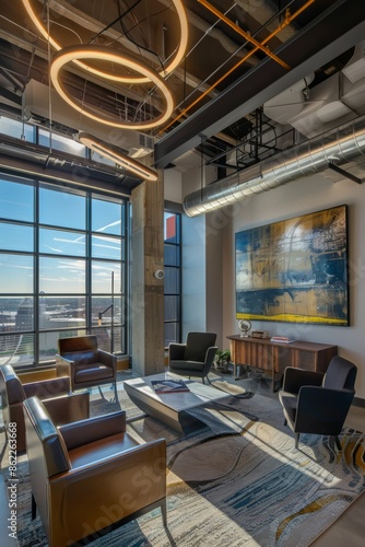 Professional Photography of an advertising agency's urban loft with panoramic cityscape, Generative AI 