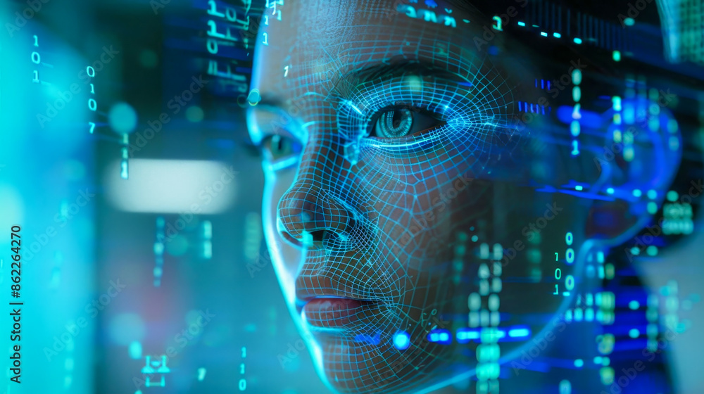 Obraz premium A digital abstract with binary code and neural patterns, representing artificial intelligence, technology, and data processing. Ideal for illustrating modern computing, cybersecurity