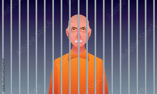 Vector illustration of a criminal behind bars. Concept of sentencing, judicial decision.