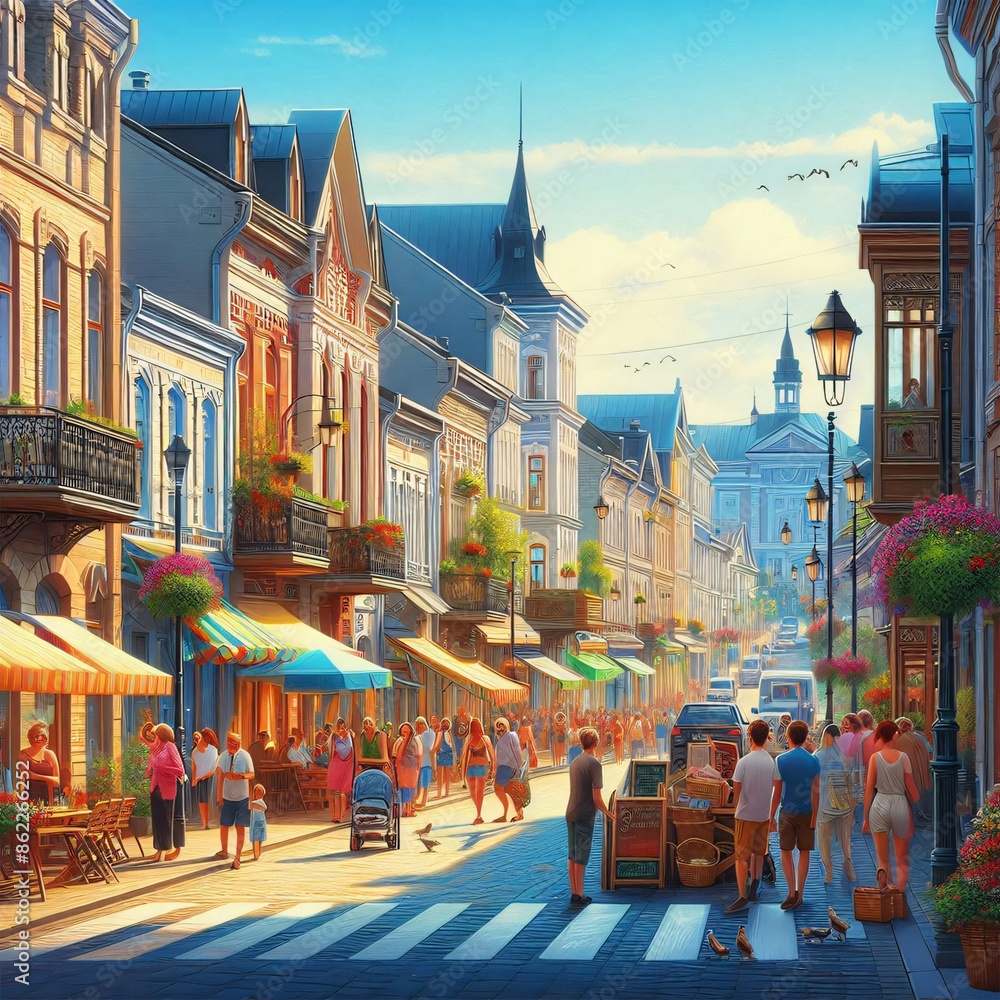 Obraz premium A vibrant summer scene unfolds before your eyes as you walk down the street, with colorful houses and lively people going about their daily lives.