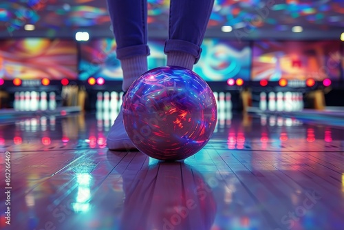 A Close Up Of A Person Bowling In An Illuminated Alley