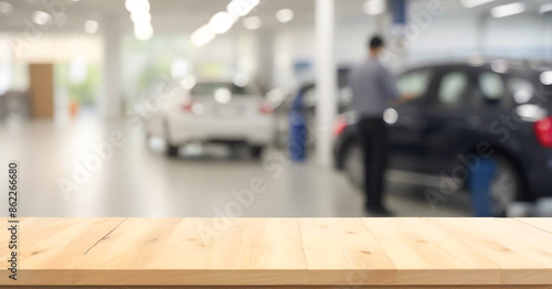 Wooden table, bench top with blurred car service, auto repair workshop © PREM