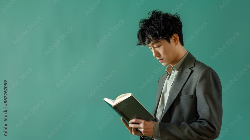 Asian Businessman in Neo Pop Style Reading Book on Green Studio Background Asian Businessman in Neo Pop Style Reading Book on Green Studio Background