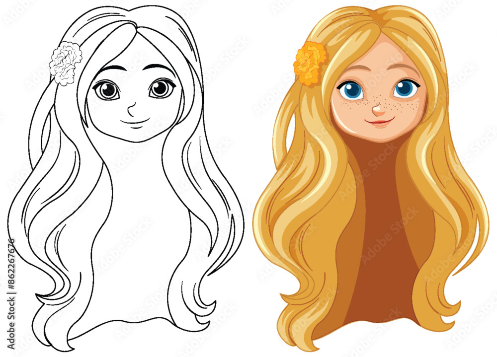Color and outline versions of a hippy girl Color and outline versions of a hippy girl