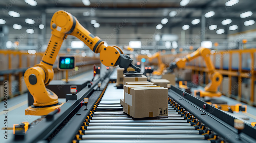 Automated Packaging Process in Modern Factory with Robotic Arms and Conveyor Belt Automated Packaging Process in Modern Factory with Robotic Arms and Conveyor Belt
