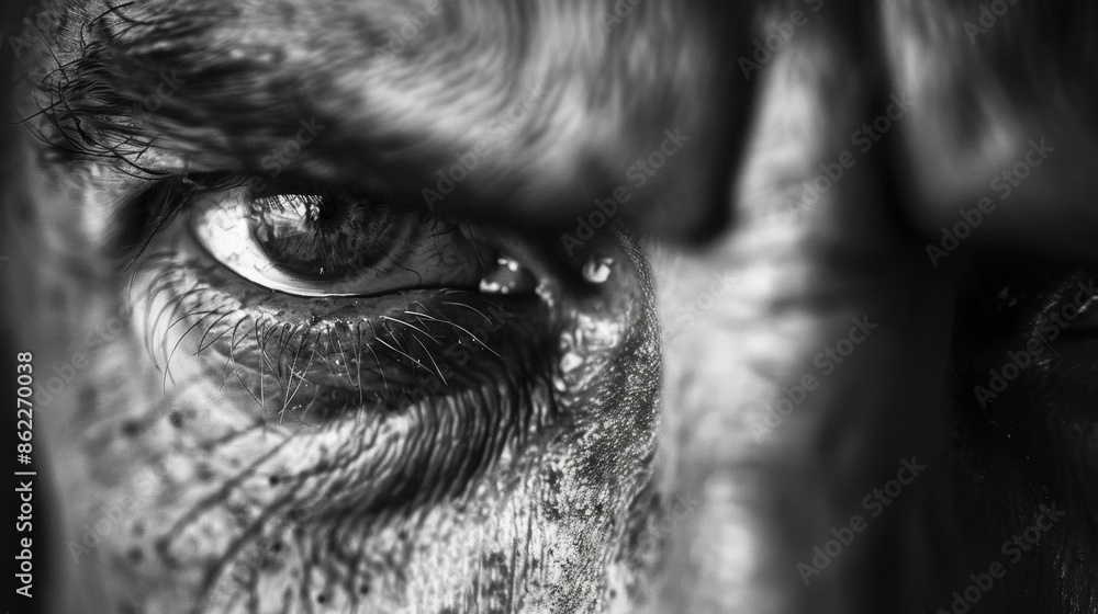 Obraz premium A closeup of furrowed brows revealing the inner turmoil of an anxious mind. Black and white art
