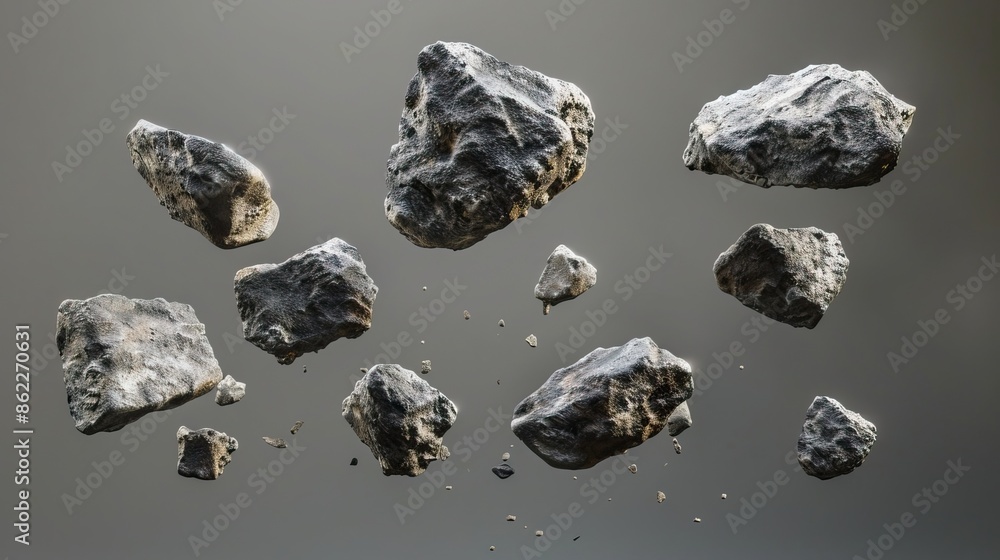 Floating rocks suspended in midair against gray background depicting weightlessness suspension surreal nature Floating rocks suspended in midair against gray background depicting weightlessness suspension surreal nature