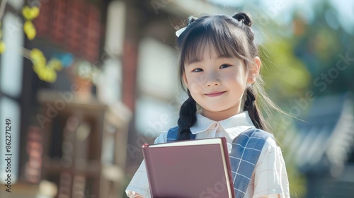 Cheerful Young Asian Girl Holding Book and Smiling Brightly at in Modern Costume