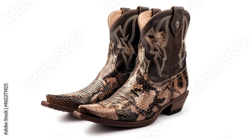 Women s brown snakeskin cowboy boots on isolated background Snake ankle boots pattern close up Fashionable casual female footwear with brown snake print Copy space photo