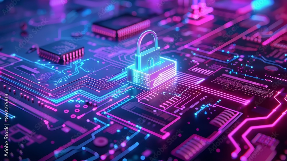A creative depiction of digital security with a neonlit padlock on a detailed circuit board A creative depiction of digital security with a neonlit padlock on a detailed circuit board