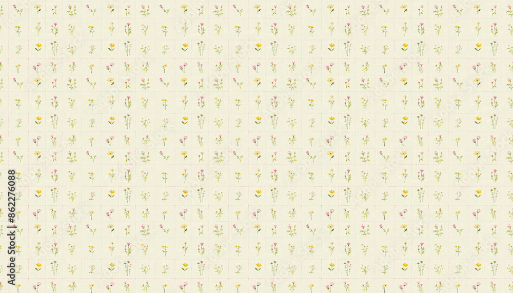 A pattern that features small squares in grids in pastel colors on white linen fabric, each grid contains one flowers from various varieties A pattern that features small squares in grids in pastel colors on white linen fabric, each grid contains one flowers from various varieties