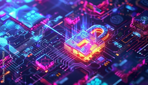 A futuristic digital security scene featuring a glowing padlock on a complex circuit board