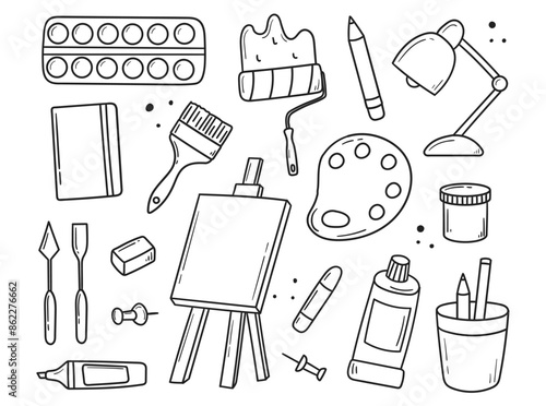 Artist's hand set of tools. Art supplies in sketch style. Easel, brushes, paints, pencils.
