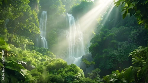 Sunlight bathes a serene waterfall in a verdant jungle