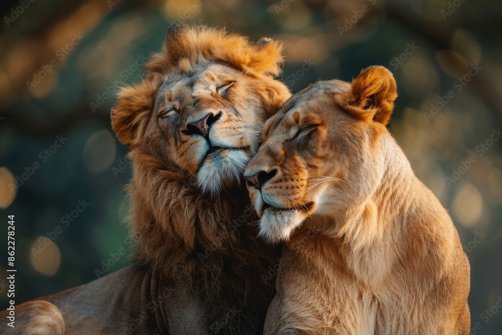 A pair of lions lounging in the savannah, surrounded by the wild and dangerous African landscape. Close-up portrait of two predators. A pair of lions lounging in the savannah, surrounded by the wild and dangerous African landscape. Close-up portrait of two predators.