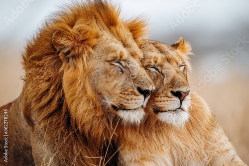 A pair of lions lounging in the savannah, surrounded by the wild and dangerous African landscape. Close-up portrait of two predators.
