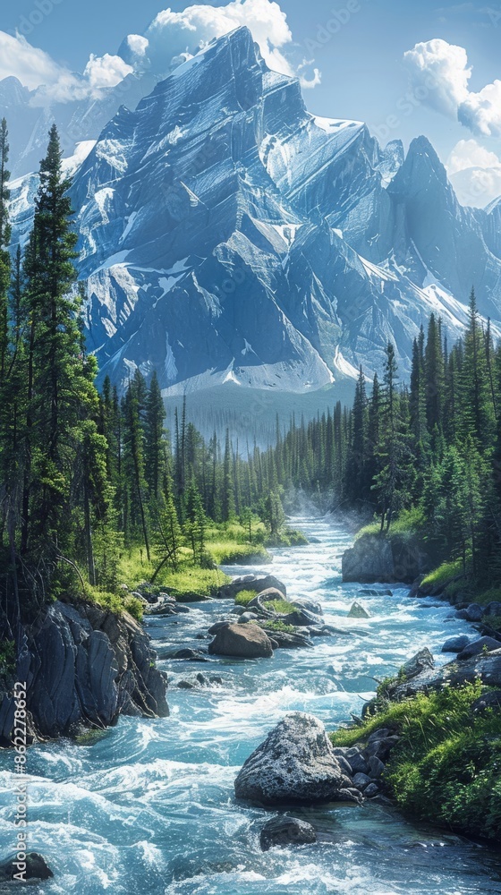 Obraz premium Jasper National Park, Canada, offers a breathtaking vista of rugged mountains, glacier-fed rivers carving through valleys, and vast expanses of pristine wilderness teeming with diverse flora and fauna