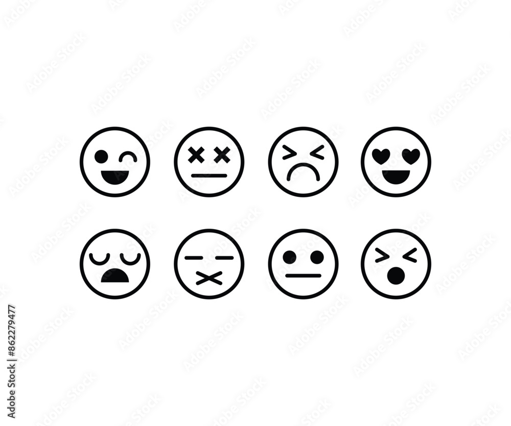 emoticon emoji face cartoon icons symbol vector design simple line black white color modern illustration set emoticon emoji face cartoon icons symbol vector design simple line black white color modern illustration set