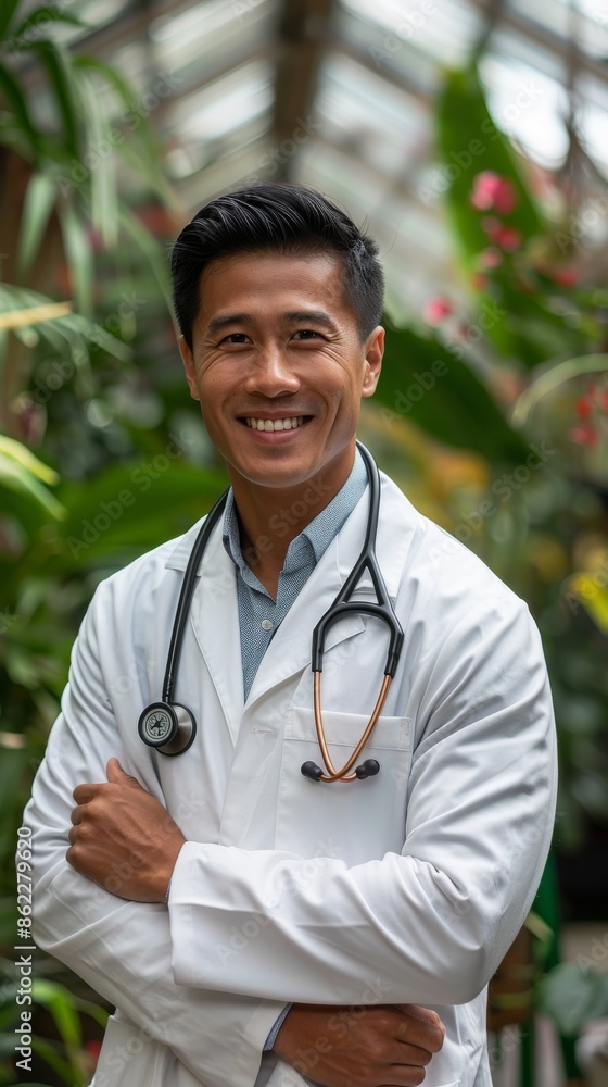 Professional asian male doctor with a stethoscope smiling in a botanical setting Professional asian male doctor with a stethoscope smiling in a botanical setting