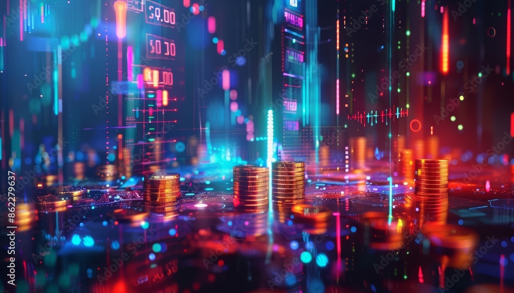 A surreal financial scene where stacks of coins float in midair A surreal financial scene where stacks of coins float in midair