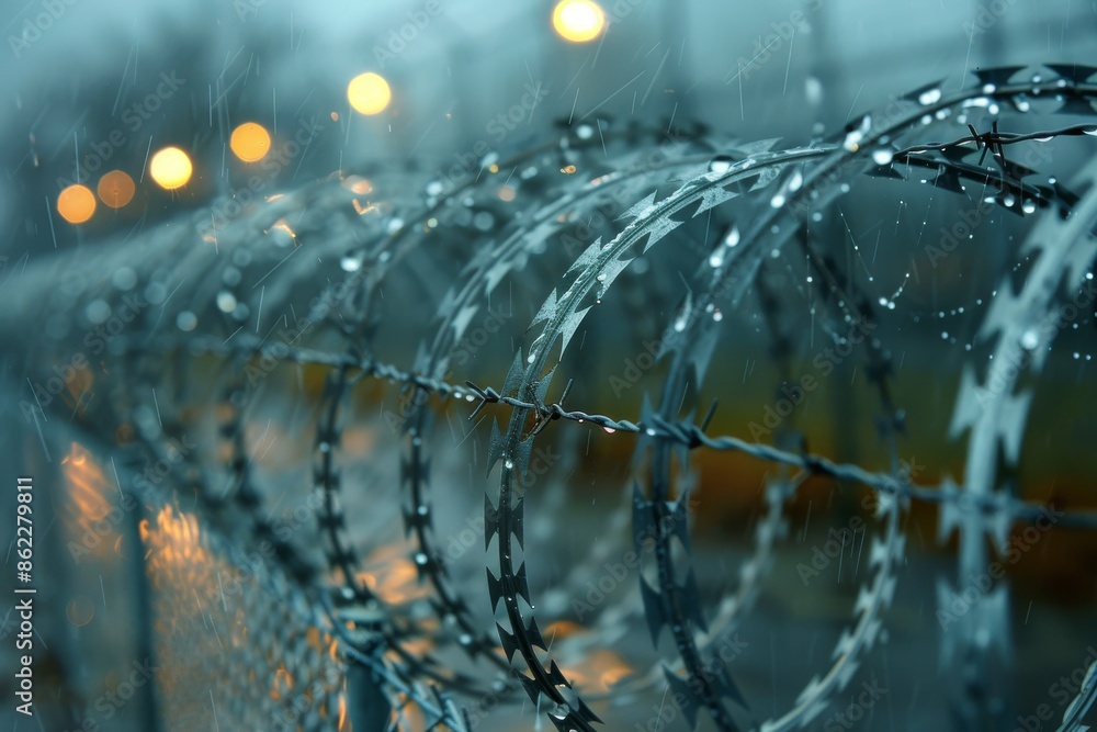 Rain falling on razor wire, evoking a sense of despair and hopelessness in its stark and unforgiving environment.
Rain falling on razor wire, evoking a sense of despair and hopelessness in its stark and unforgiving environment.