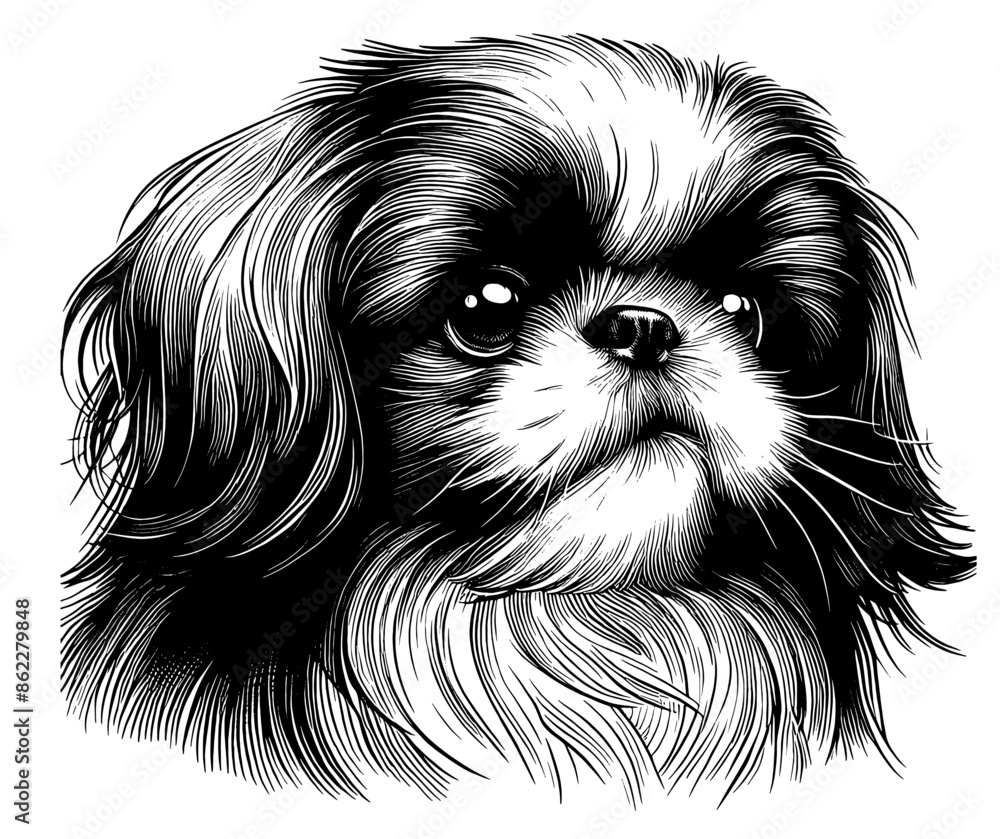 Hand drawn cute Pekignese portrait, vector sketch isolated on white background. Hand drawn cute Pekignese portrait, vector sketch isolated on white background.