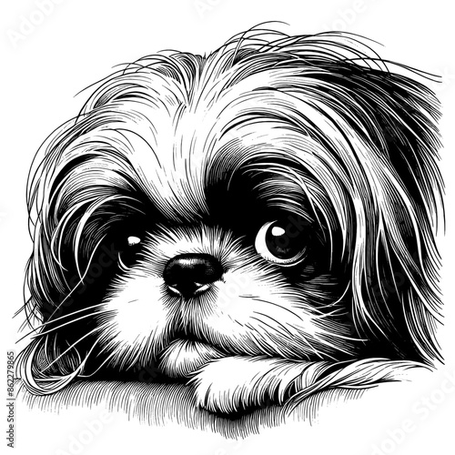 Hand drawn cute peeking Pekingese, vector sketch isolated on transparent background.	