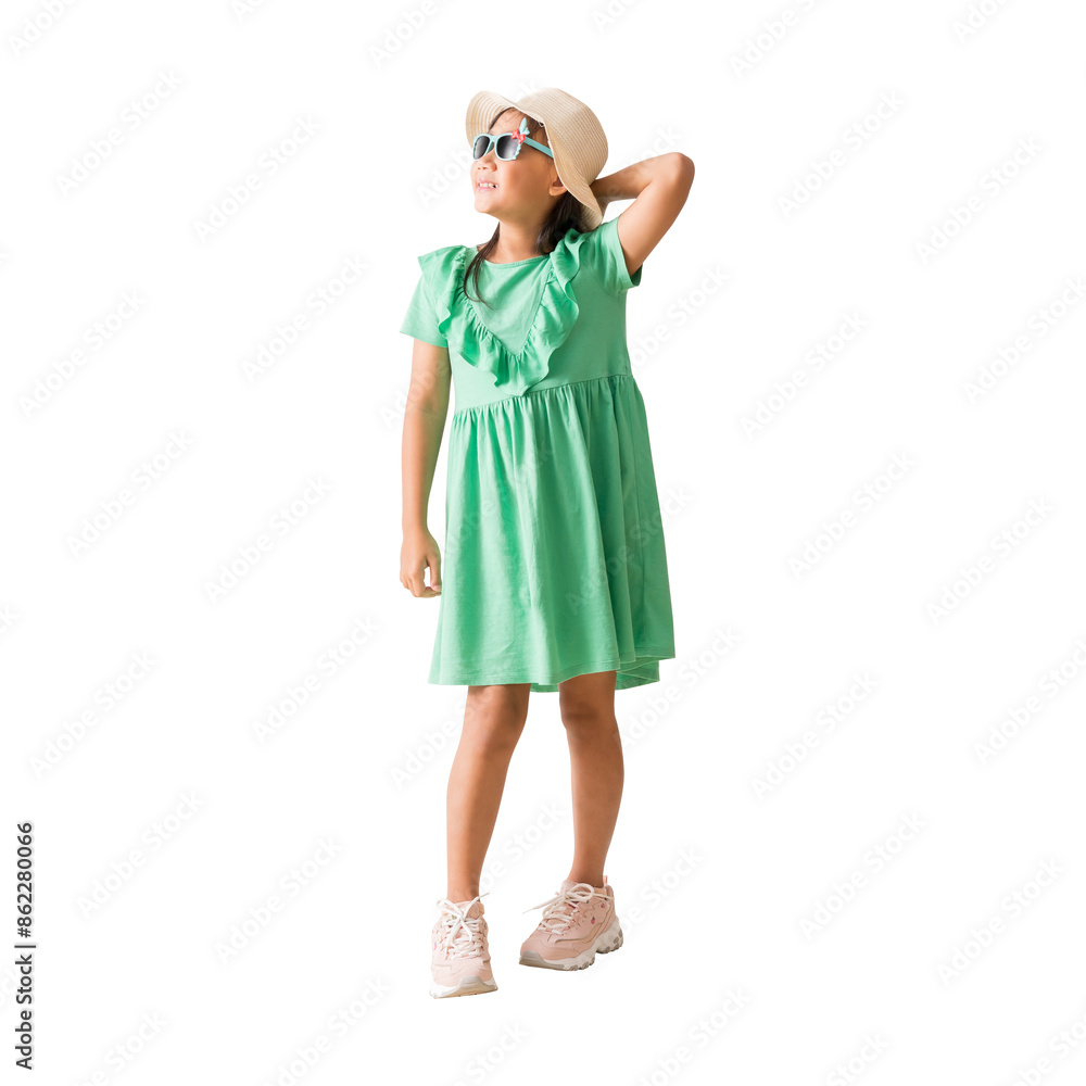 Happy smiling asian little girl were hat and sunglasses radiating happiness and freedom, Full body isolated on white background Happy smiling asian little girl were hat and sunglasses radiating happiness and freedom, Full body isolated on white background