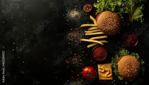 A top view of a deconstructed burger with ingredients like lettuce photo