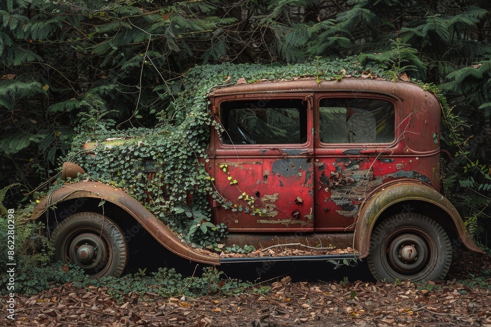 A rustic old car, overgrown with foliage, showcases the beauty of decay and nature's reclaiming power.
A rustic old car, overgrown with foliage, showcases the beauty of decay and nature's reclaiming power.