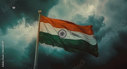 Indian Flag Waving Against Cloudy Sky During Daytime