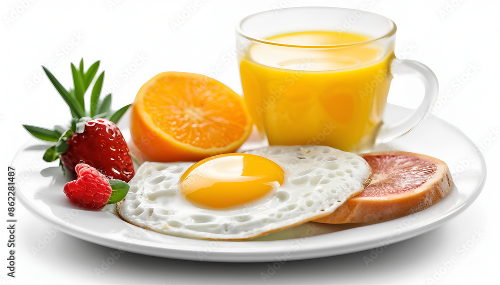 Image of a delicious breakfast with bread, eggs, orange juice, and fresh fruit, breakfast, meal, food, drink, eggs, omelet, fruit, juice, orange, strawberry, restaurant, homemade, health, AI-generated