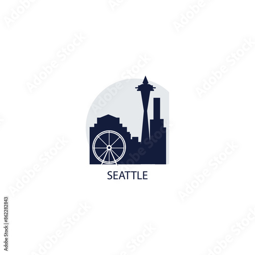Seattle skyline, downtown panorama logo, logotype. USA, Washington state city badge contour, isolated vector pictogram with tower, landmarks, skyscrapers, ferris wheel at sunset, sunrise
