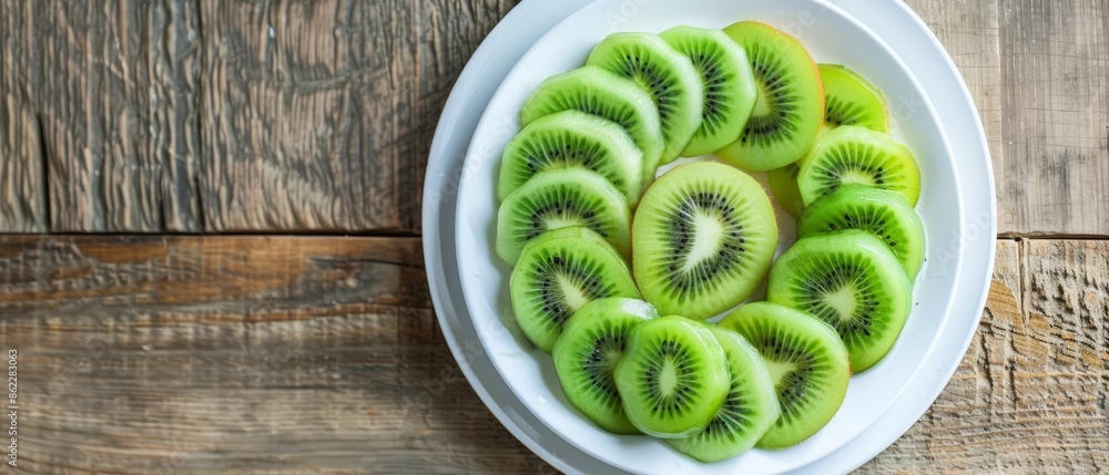 Sliced kiwi fruit arranged in a circular pattern on a sleek white plate with a wooden table underneath Sliced kiwi fruit arranged in a circular pattern on a sleek white plate with a wooden table underneath
