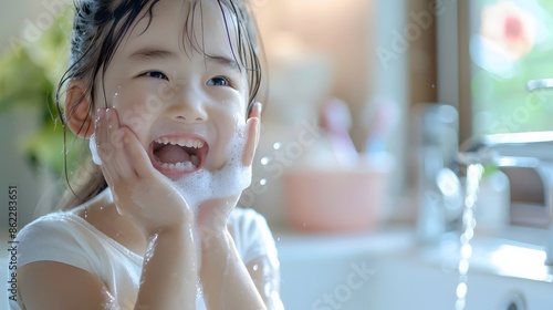 Smiling Korean Girl Happily Washing Face in Bright Clean Room for Advertising