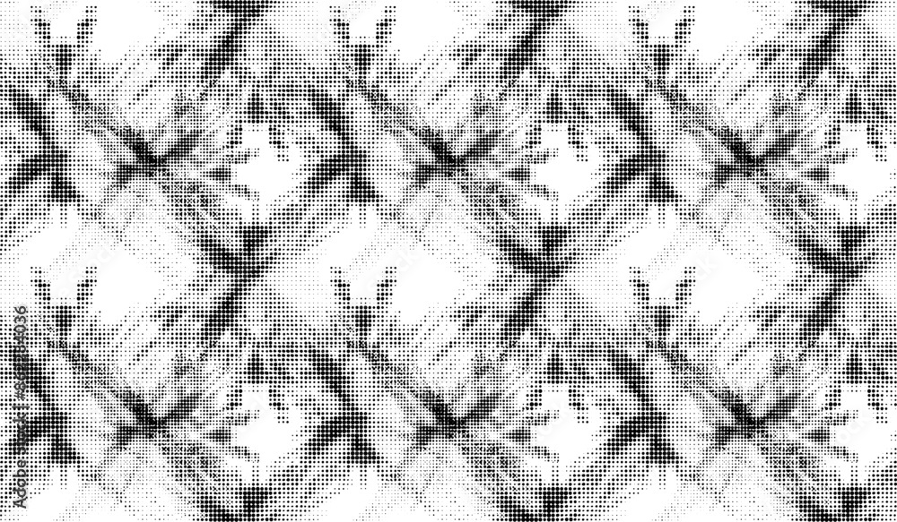 Seamless pattern of halftone fragments of mandala outlines in polka dots. Shift and overlay of the main canvas. Vector. Seamless pattern of halftone fragments of mandala outlines in polka dots. Shift and overlay of the main canvas. Vector.