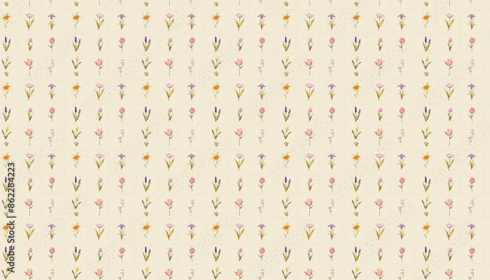 A pattern that features small flowers in square grid in pastel colors on cream linen fabric, each grid contains one tulip, lily, lavender, rose from various varieties A pattern that features small flowers in square grid in pastel colors on cream linen fabric, each grid contains one tulip, lily, lavender, rose from various varieties