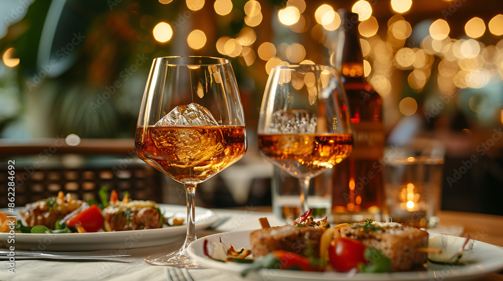 Two glasses of wine on a table with food: a delightful spread of dishes complemented by a pair of wine glasses. Two glasses of wine on a table with food: a delightful spread of dishes complemented by a pair of wine glasses.