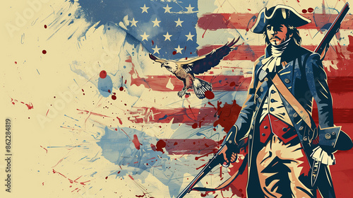 illustration of an American Continental soldier, American flag with a bald eagle in the background, independence day