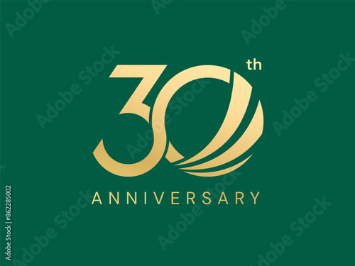 30th Anniversary luxury gold celebration with curved shapes overlapping number "0" logo typography vector design twisted infinity concept. Thirty years anniversary gold template for celebration event.