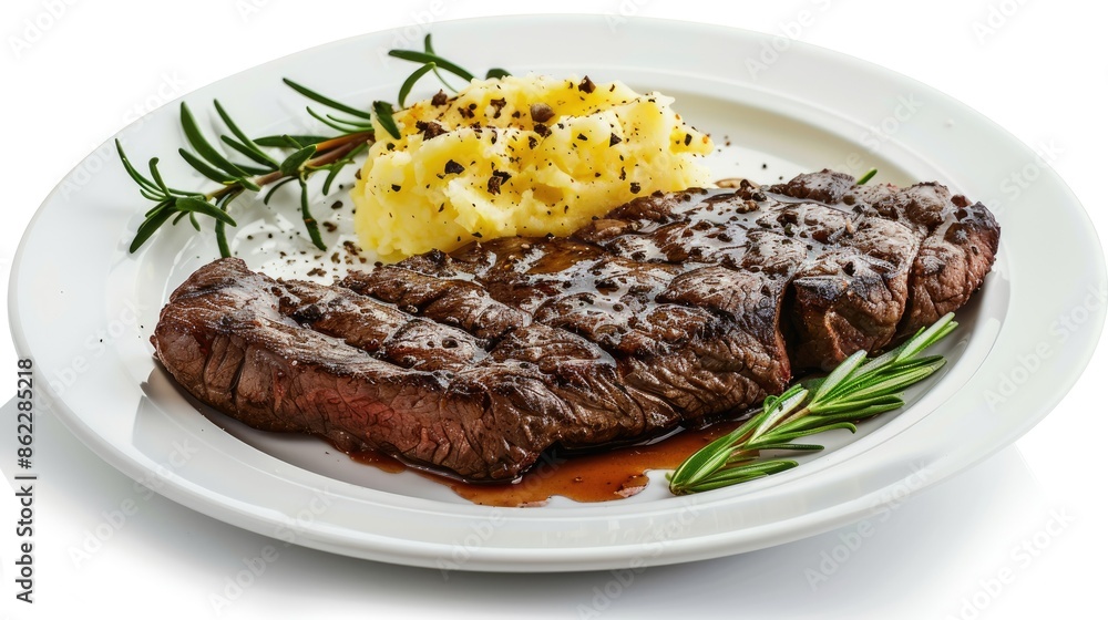 Beef steak served with grilled asparagus on a white plate, isolated on white Beef steak served with grilled asparagus on a white plate, isolated on white