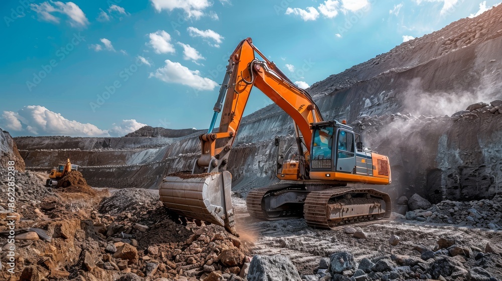Obraz premium Industrial Might: Excavator Digging Soil and Loading Trucks at Construction Site