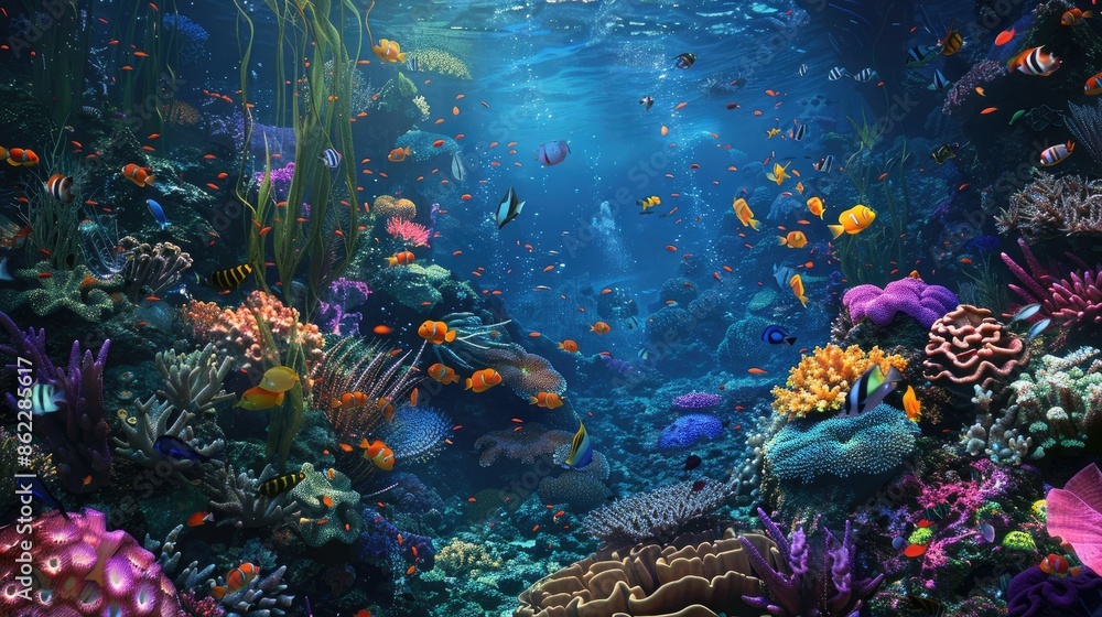 Fototapeta premium Breathtaking view of a vibrant coral reef ecosystem, alive with fish and marine plants