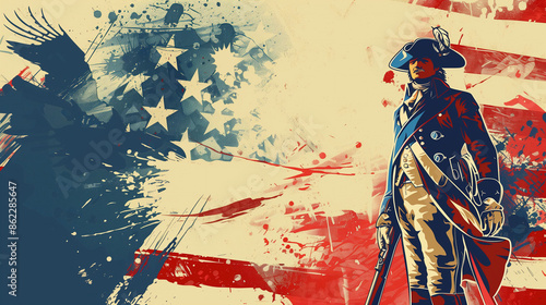 illustration of an American Continental soldier, American flag with a bald eagle in the background, independence day